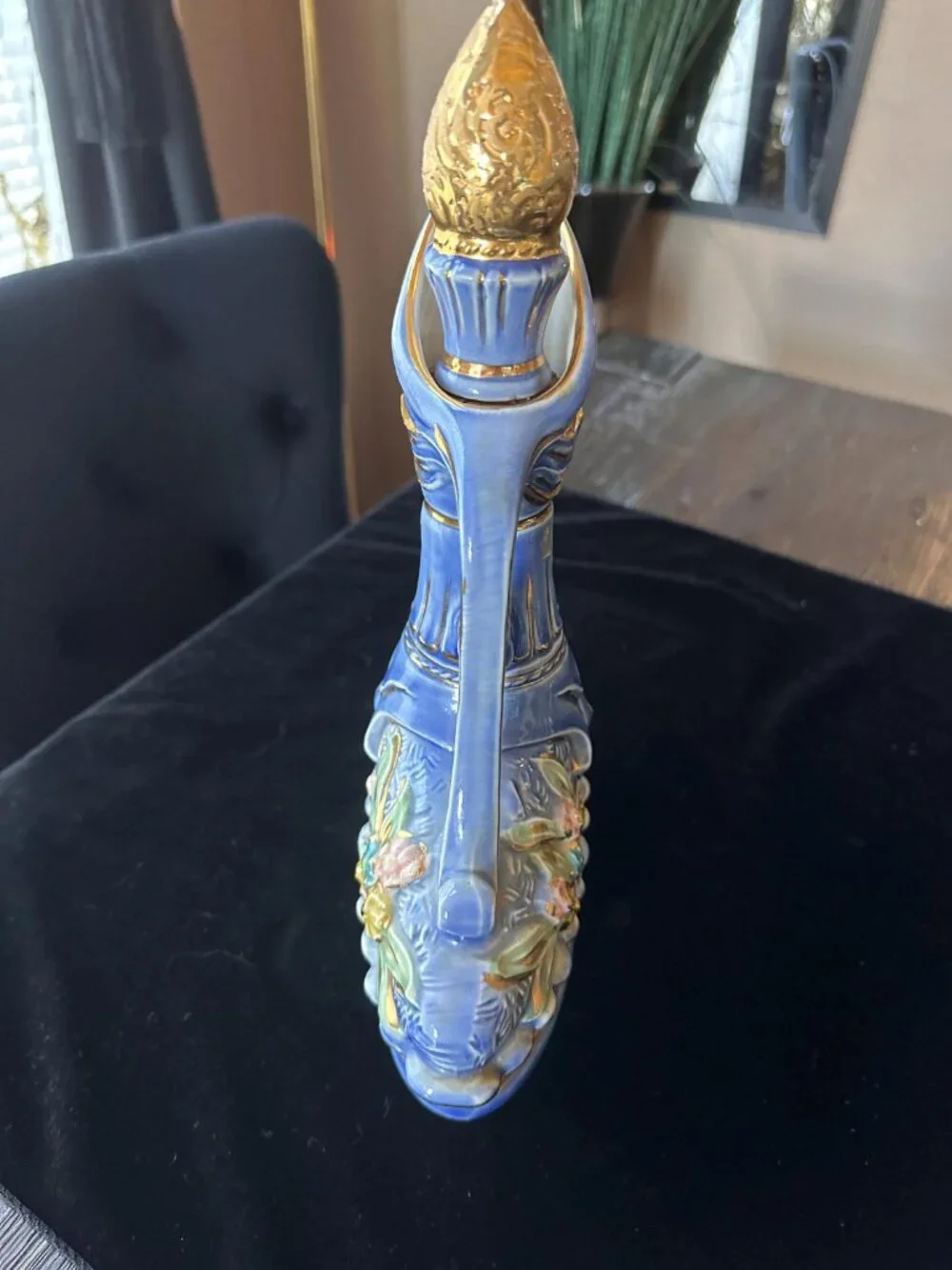 Vintage Empty Blue Gold Floral Ceramic Bottle Vanity Display Vase